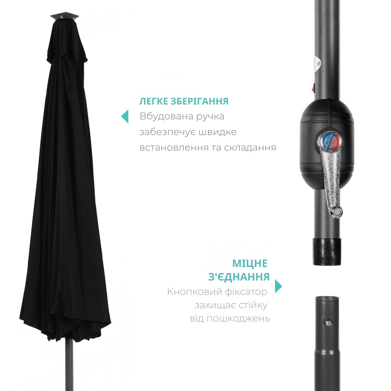 Садовый зонт круглый с регулируемым углом наклона WCG с LED-подсветкой солнечной панелью и чехлом 3 м Черный (W-7016BL1) - фото 7 Садовый зонт круглый с регулируемым углом наклона WCG с LED-подсветкой солнечной панелью и чехлом 3 м Черный (W-7016BL1) - фото 7