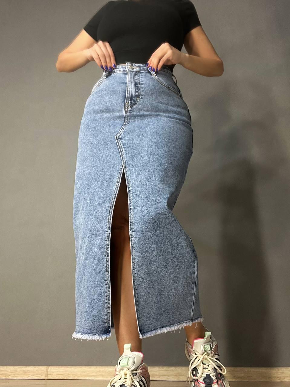 Юбка женская джинсовая Moss 502 длинная с бахромой разрез впереди стрейчевая р. 27 Голубой (4011) Юбка женская джинсовая Moss 502 длинная с бахромой разрез впереди стрейчевая р. 27 Голубой (4011)