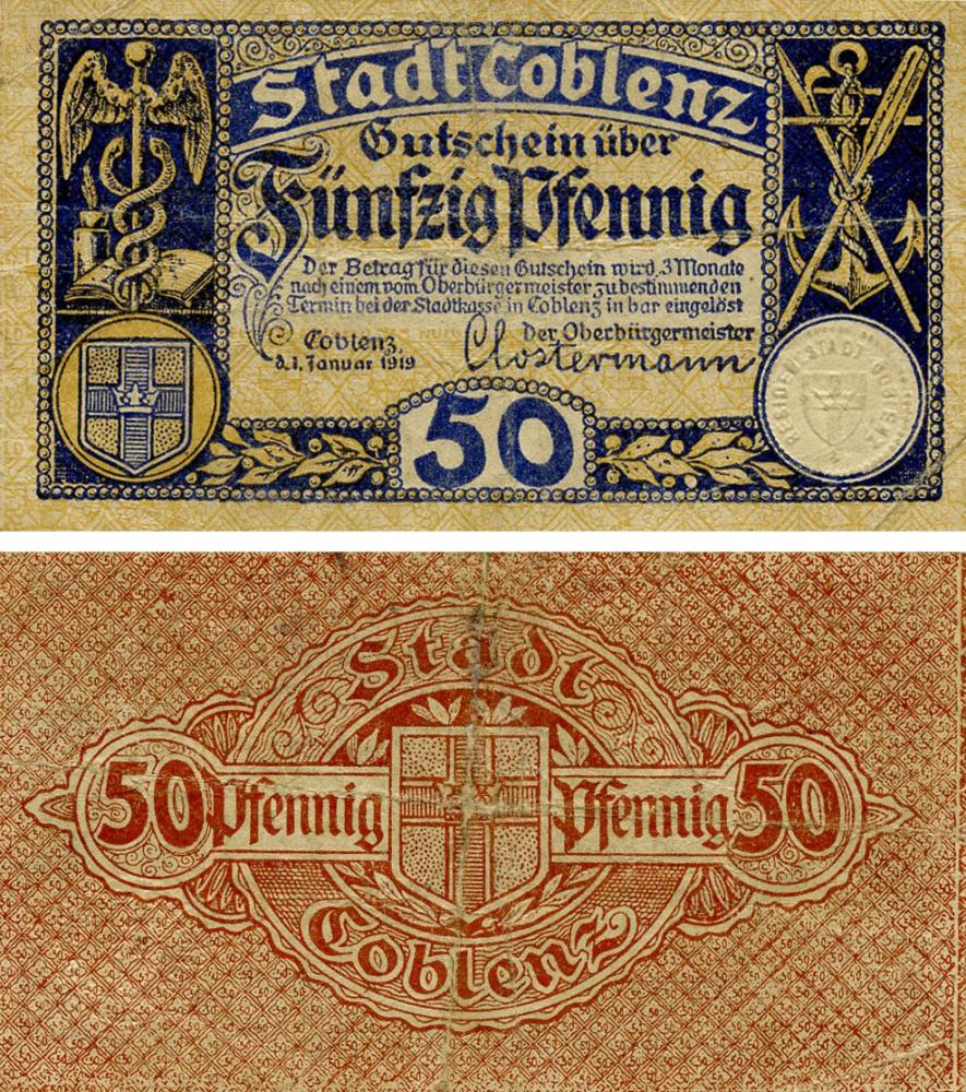 Коллекционная банкнота Германия Нотгельд 50 пфеннигов 1919 F-VF Кобленц (Б18695)