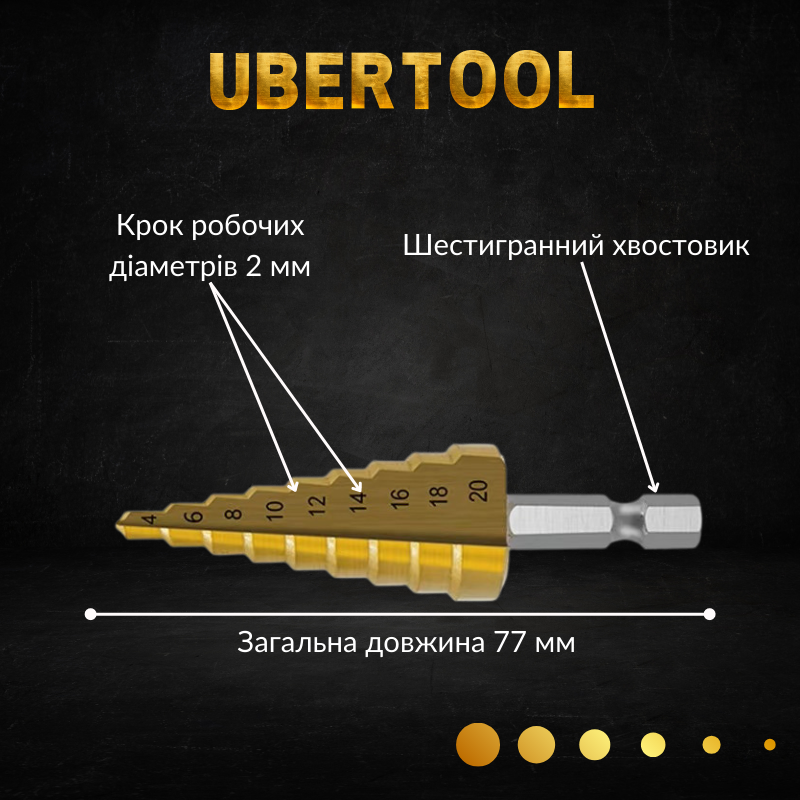 Свердло ступінчасте Ubertool із швидкорізальної сталі з титановим покриттям 4-32 мм 4-20 мм (012369) - фото 6