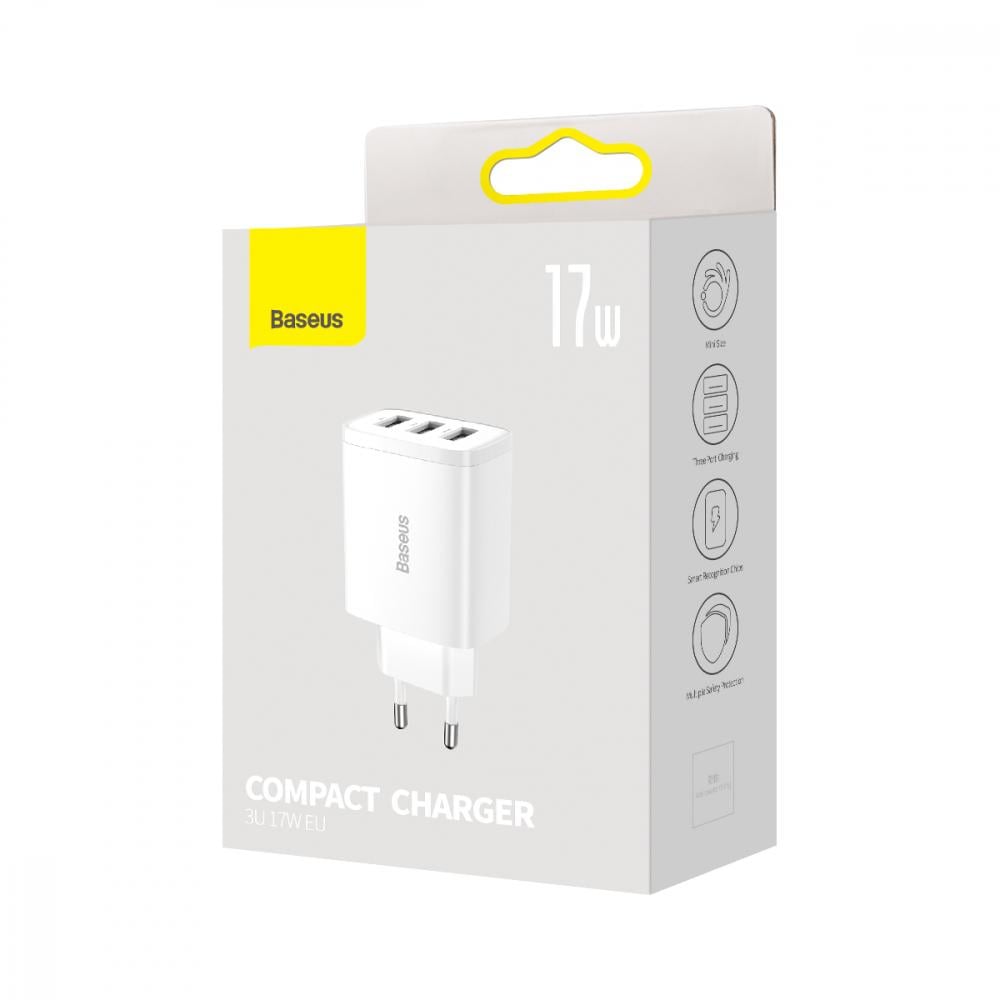 Зарядний пристрій мережевий Baseus Compact Charger 3U 17 W 3USB White (CCXJ020102) - фото 6 Зарядний пристрій мережевий Baseus Compact Charger 3U 17 W 3USB White (CCXJ020102) - фото 6