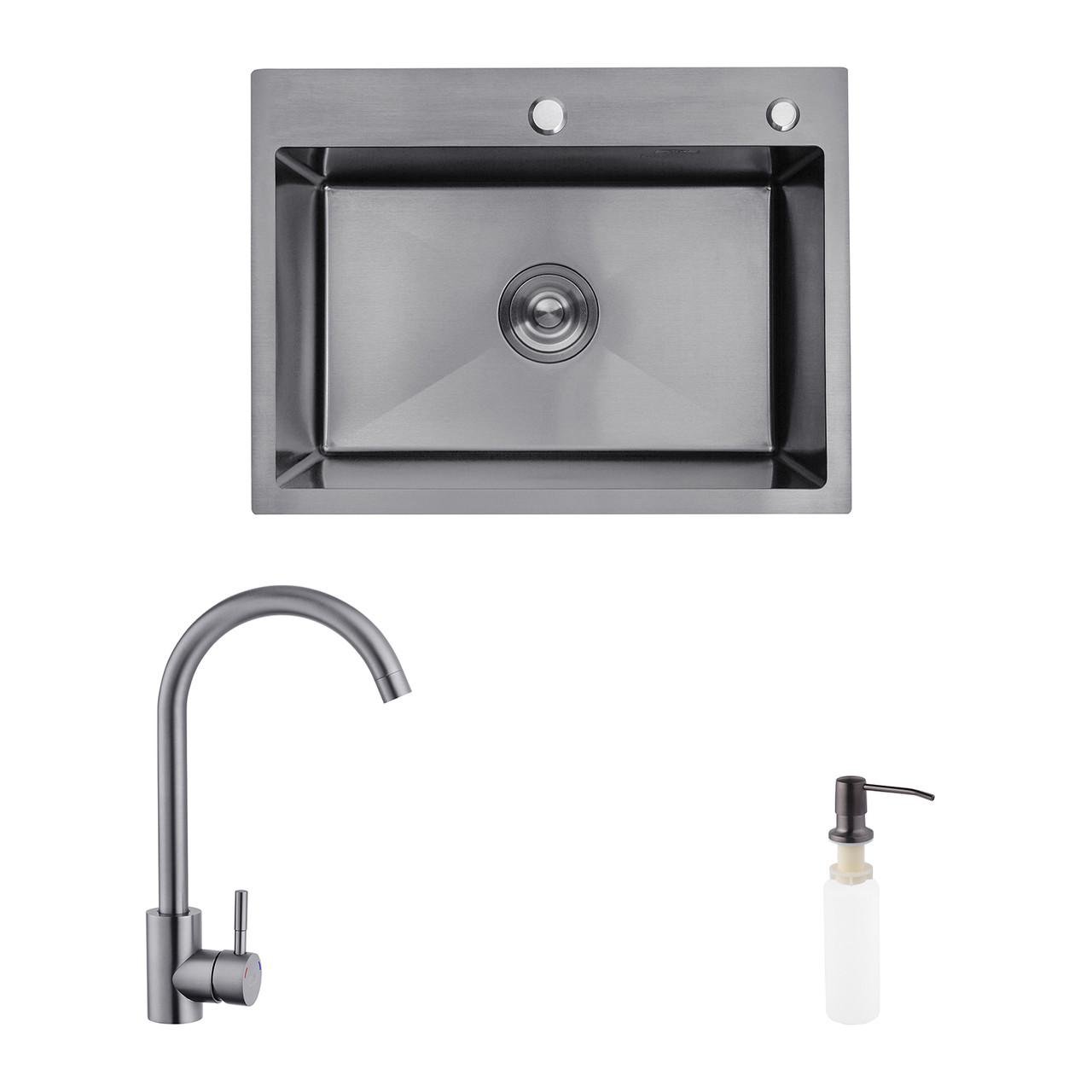 Комплект кухонная мойка Kroner Schwarze-5843HM PVD/смеситель Edelstahl Klassisch-SCH035PVD/дозатор (2669564678)