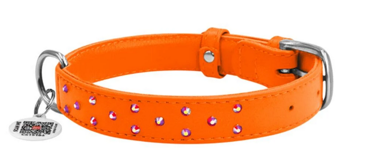 Ошейник для собак кожаный WAUDOG Glamour с QR паспортом с клеевыми стразами 25 мм 38-49 см Оранжевый (Collar32794)