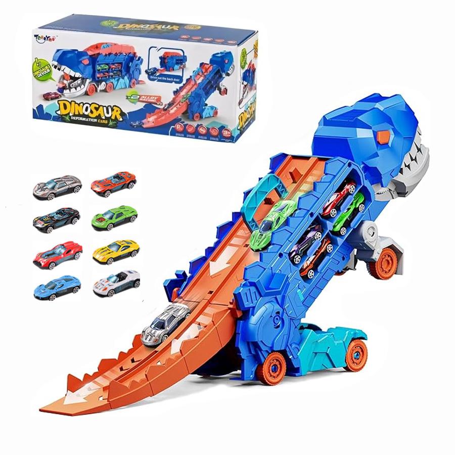 Іграшковий автовоз--трейлер Dino Ті-Рекс Динозавр 3в1 гараж/трек/трамплін на 8 машинок (29388803)