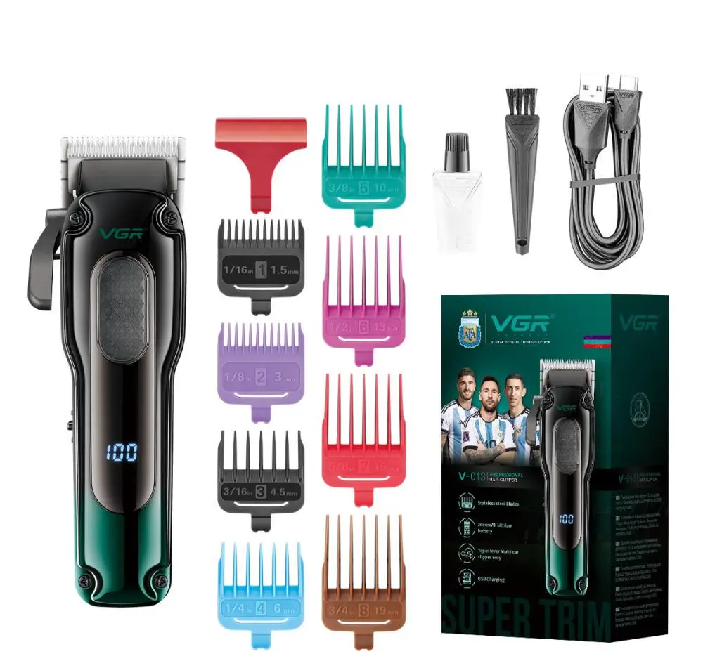 Машинка для стрижки VGR V-013 5 Вт з 8 насадками дисплей 6500 об/хв Чорний із зеленим (2761281019)