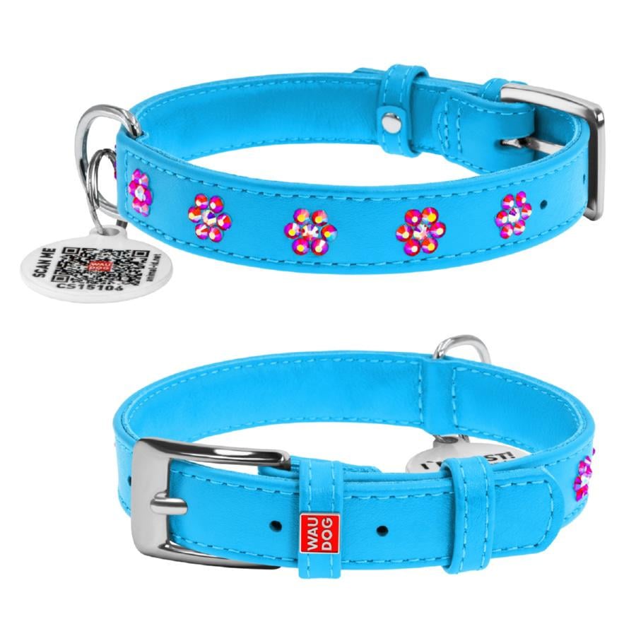 Ошейник для собак кожаный Waudog Glamour Цветочек с QR паспортом с клеевыми стразами XS 15 мм 27-36 см