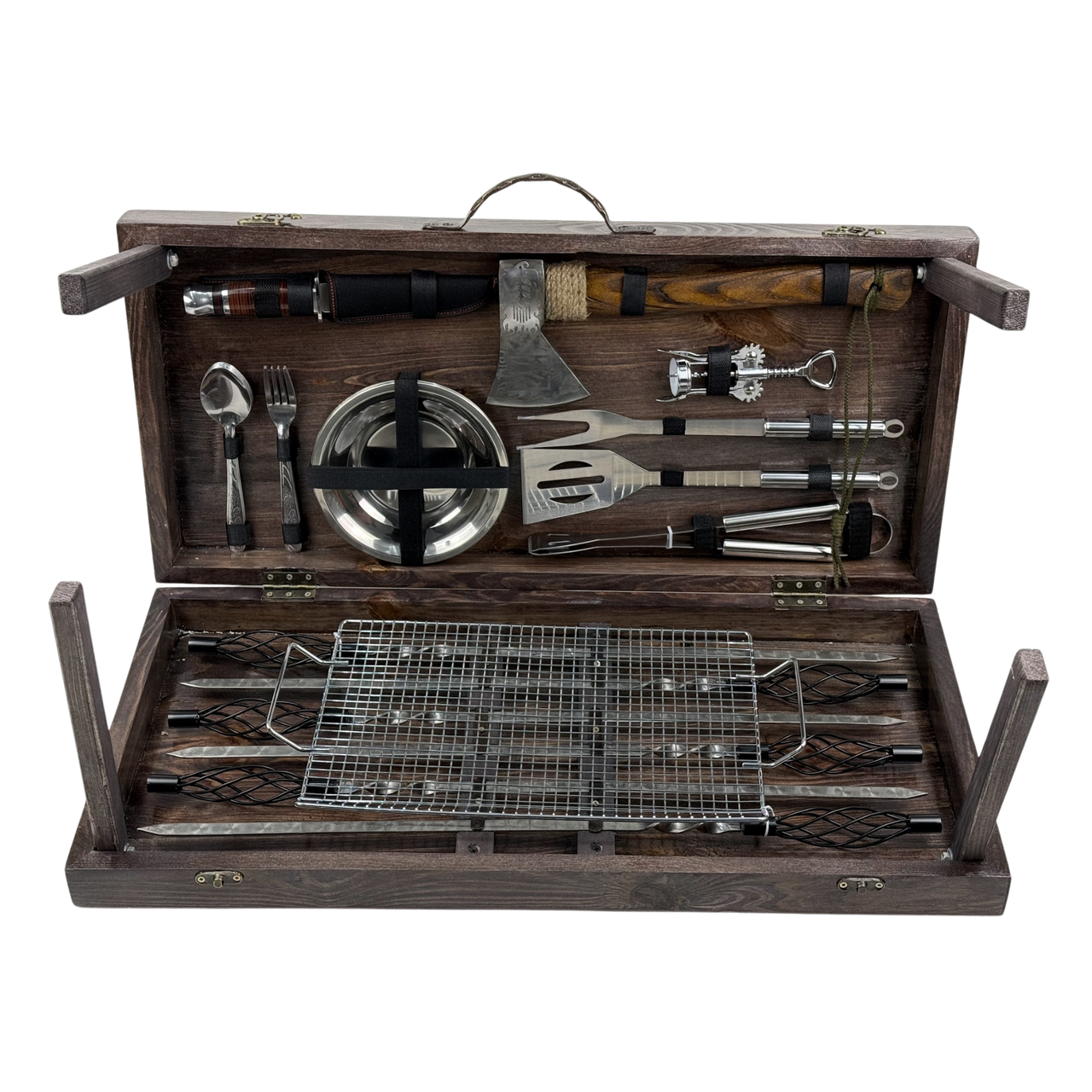 Набор шампуров ручной работы BBQ в деревянном кейсе из нержавеющей стали