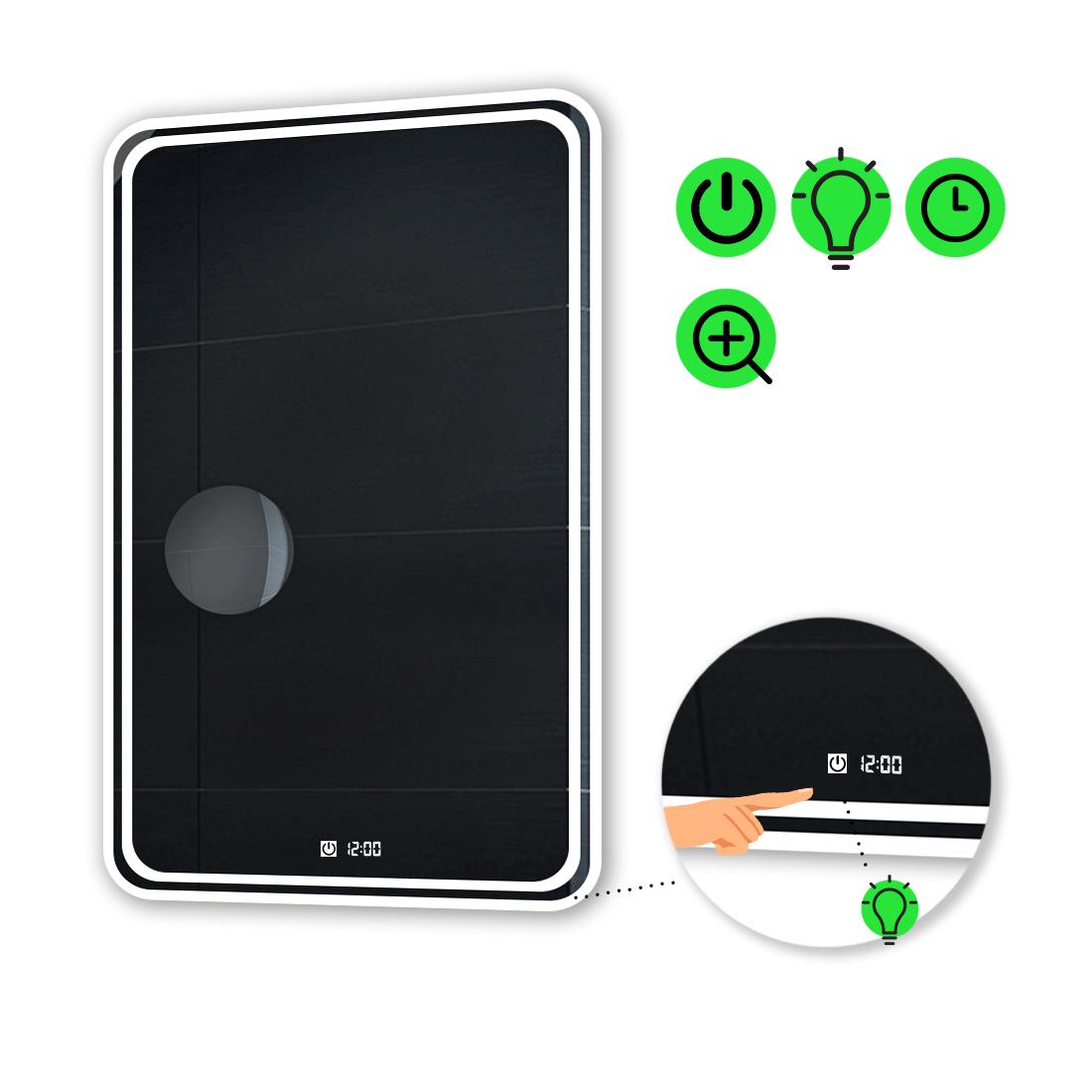 Зеркало с LED подсветкой Ottavia с сенсором/часами и линзой без подсветки 80x70 см (Ottavia65)