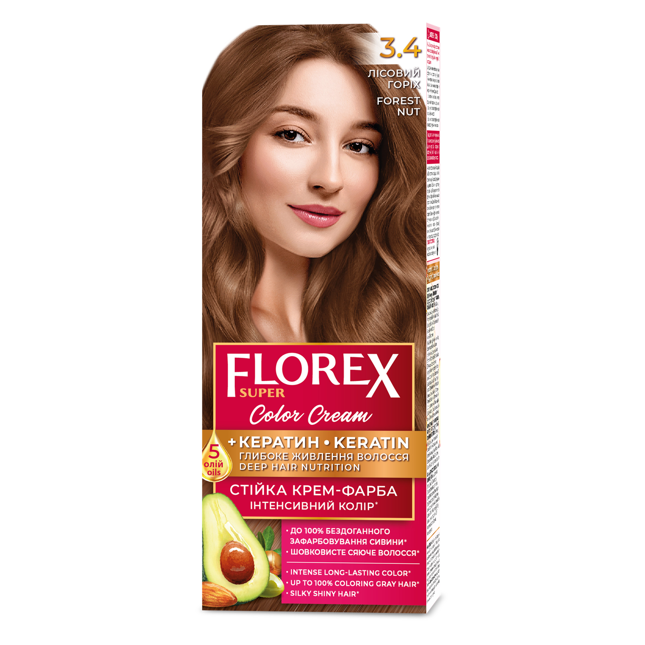 Крем-краска для волос стойкая Florex кератин 3.4 Лесной орех, 120 мл