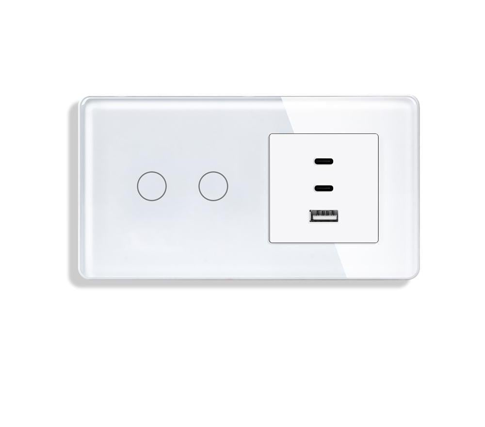Выключатель сенсорный ELIOS двойной с розеткой USB A+C+C 65Вт стекло Белый