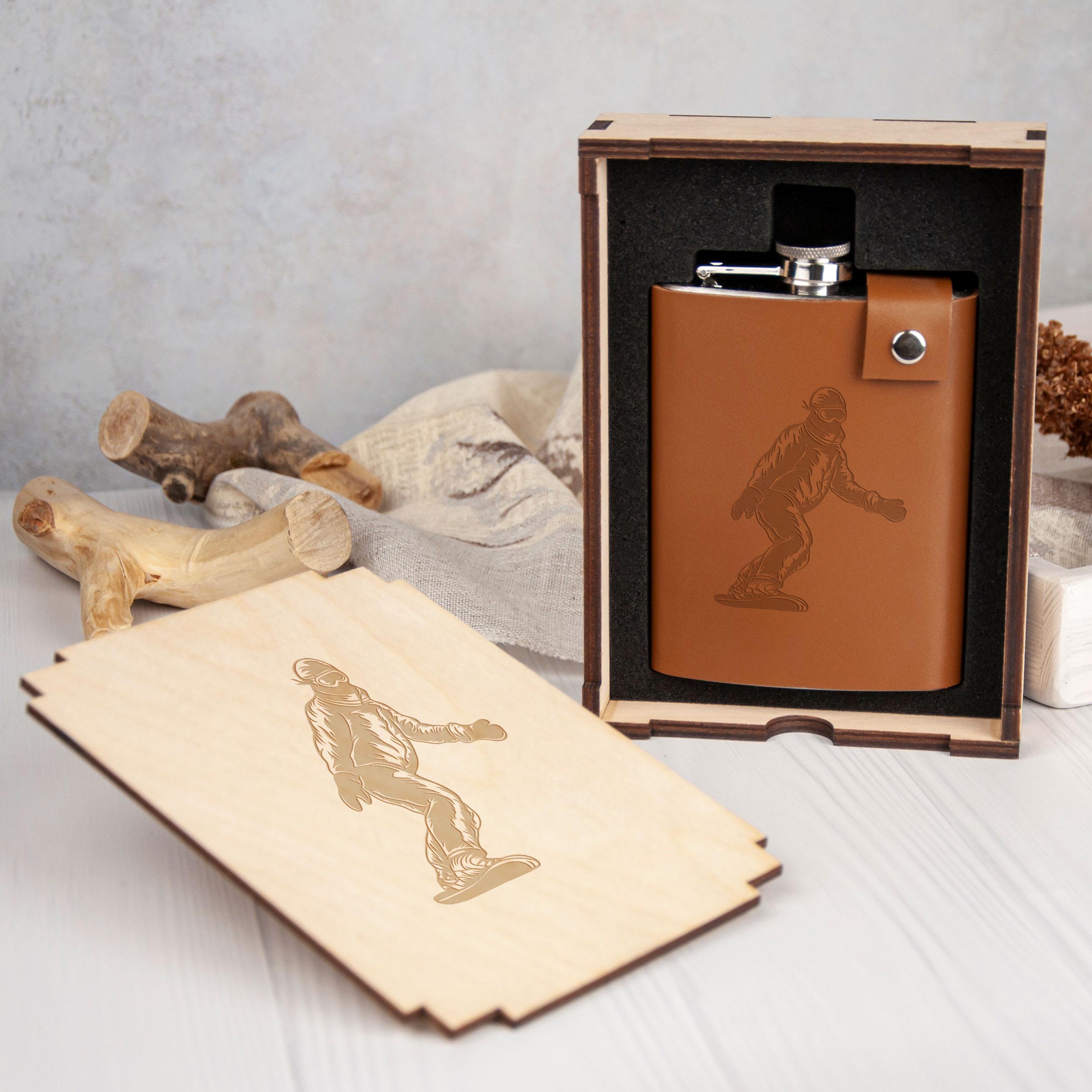Фляга с принтом кожаный чехол в подарочной деревянной коробке 240 мл Brown (LFL-0006_7)