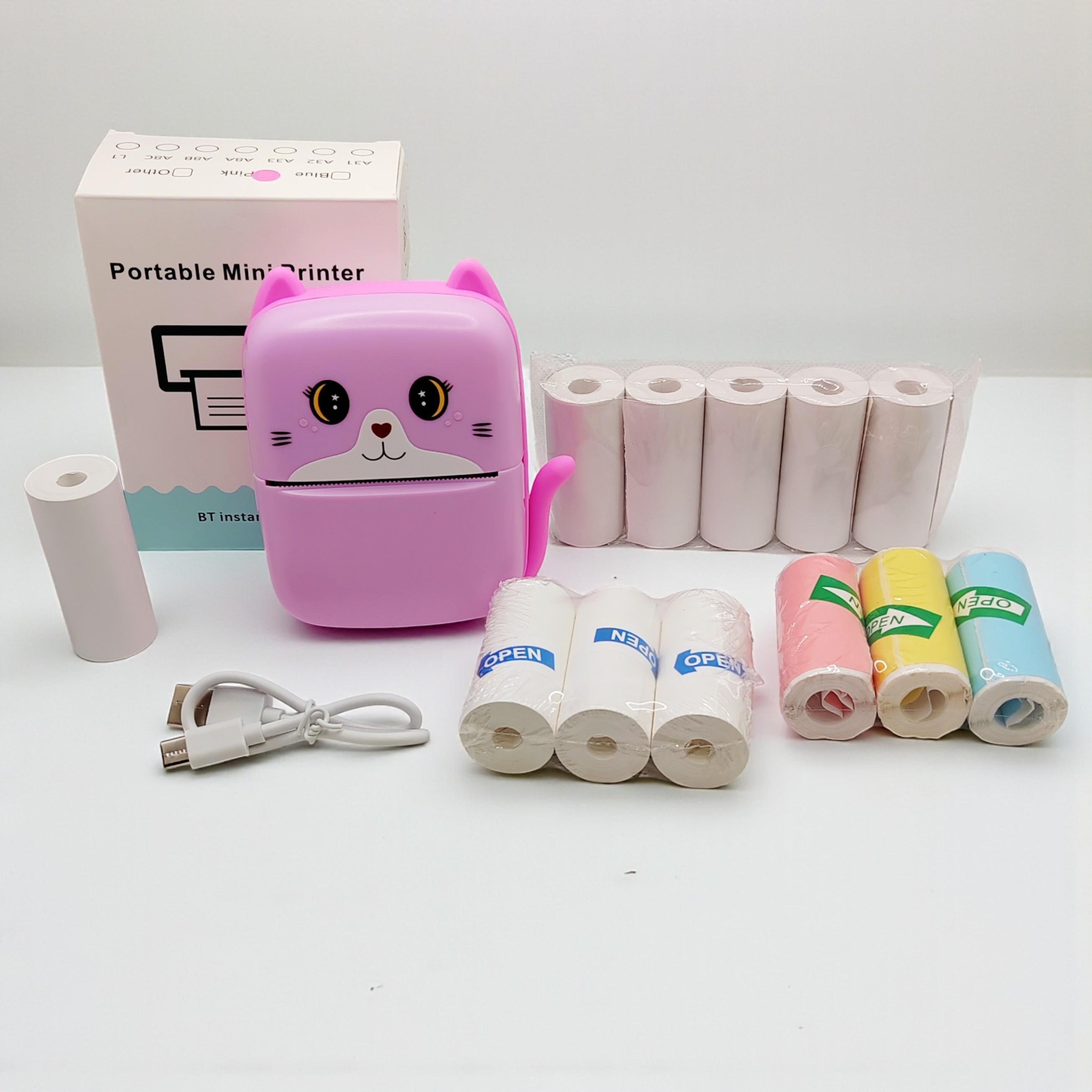 Принтер дитячий для друку з телефону по Bluetooth Котик з хвостиком з набором паперу 12 рулонів Рожевий (b-09873)