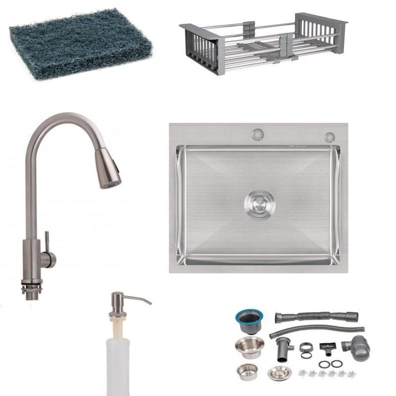 Мийка кухонна Lidz 6050, 3,0/0,8 мм/змішувач для кухні Lidz Aria 015FL-8 висувний вилив/губка для полірування металу