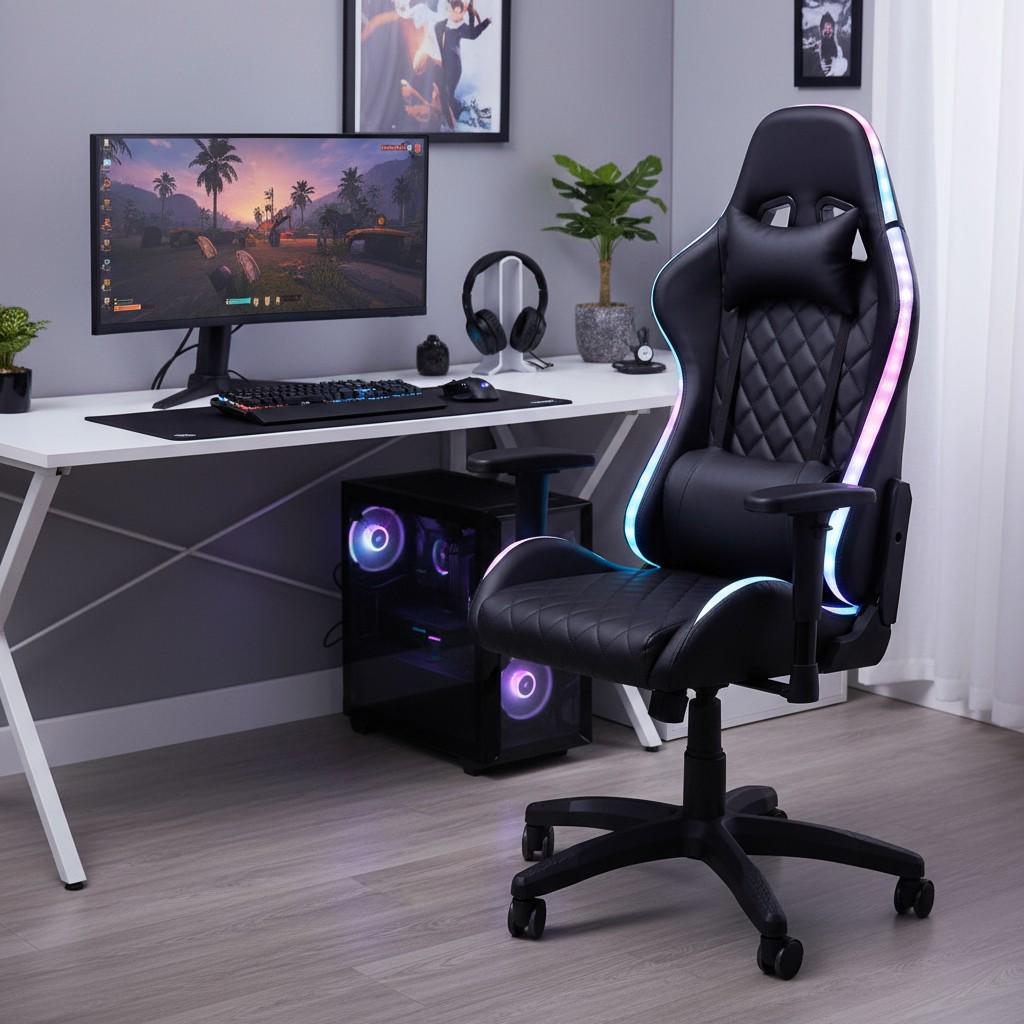 Геймерское кресло с RGB-подсветкой 2 подушками под спину и голову и регулировкой спинки Черный (G400 (1)