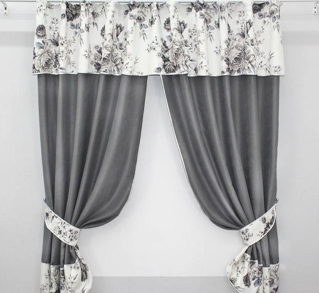 Шторки кухонные с ламбрекеном подвязками 260х165 см Графитовый/Серый (073к)