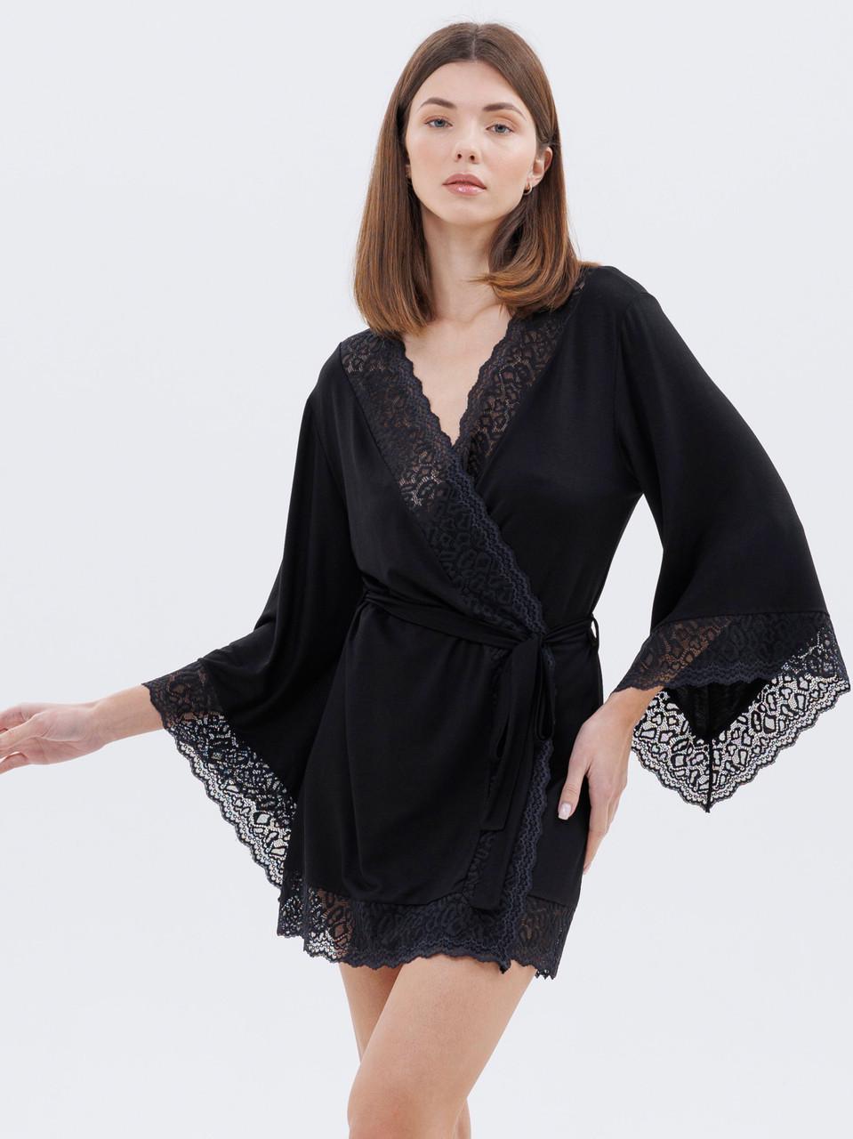 Халат жіночий Roksana на запах Міні з мереживними вставками M Чорний (1350/60047) Халат жіночий Roksana на запах Міні з мереживними вставками M Чорний (1350/60047)