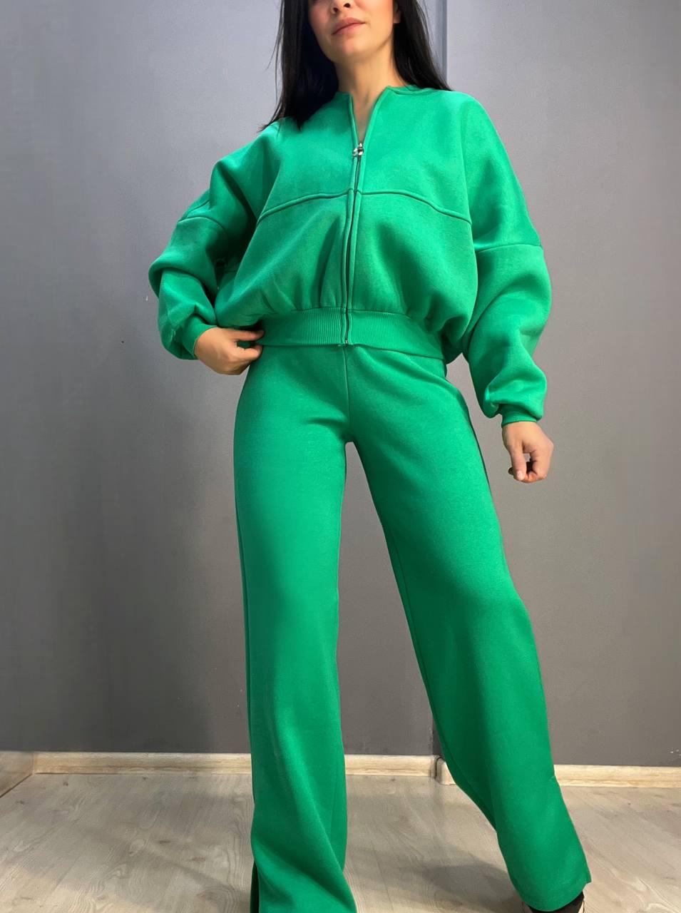 Костюм женский QUZEN 472-472 пилот брюки палаццо широкие флис S Зеленый (758) - фото 2