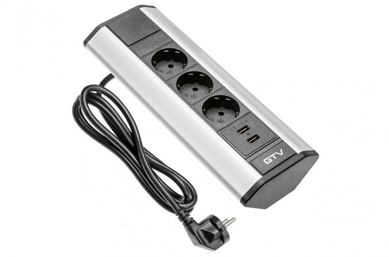 Удлинитель для офиса прямоугольный GTV на 3 розетки 2xUSB без нижнего корпуса со щеткой проволока 1,5 м Алюминий (AE-PBKT3S2U-81)