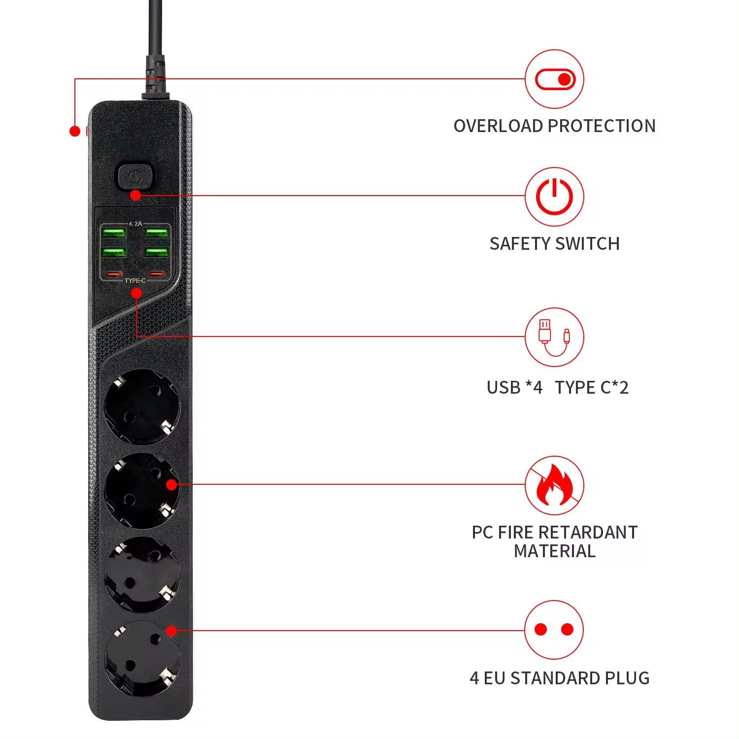 Фільтр мережевий BKL-03 на 4 розетки 2 Type-C/4 USB 100-250V 10А Чорний - фото 2