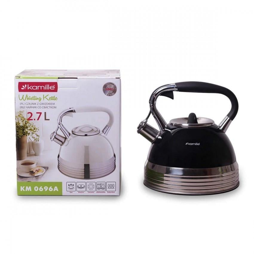 Чайник Kamille КМ-0696AN з неіржавкої сталі зі свистком 2,7 л Чорний (1105575091) - фото 1 Чайник Kamille КМ-0696AN з неіржавкої сталі зі свистком 2,7 л Чорний (1105575091) - фото 1