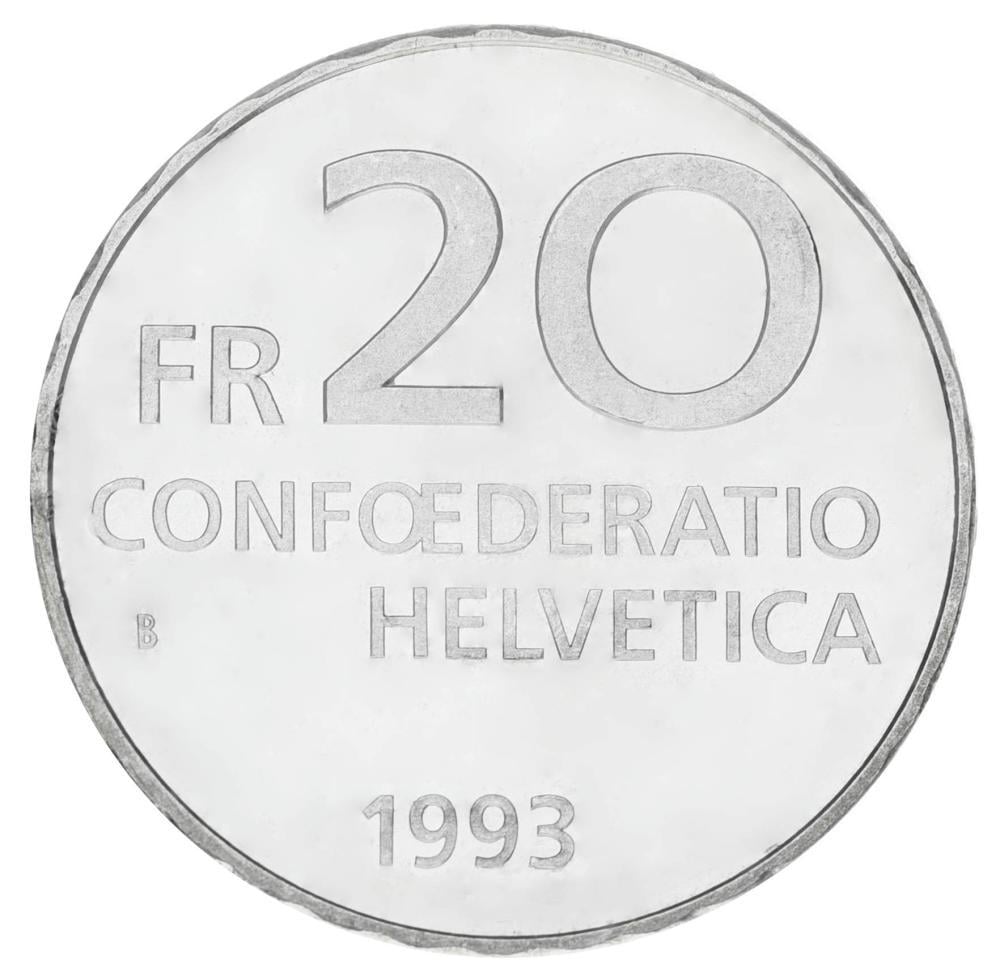 Коллекционная монета Швейцария 20 франков 1993 Серебро UNC 500 лет со дня рождения Парацельса (М17839)