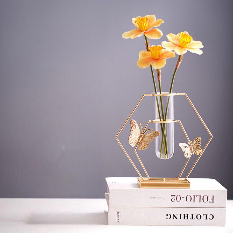 Ваза металлическая со стеклянной колбой для цветов стильный декор для дома Золотистый