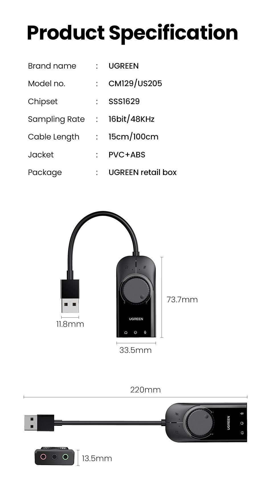 Звукова карта з підтримкою мікрофону UGREEN 0.15м USB-3x 3,5 мм minijack 16 біт/48 кГц TRS AUX з керуванням гучності Чорний (40964) - фото 8 Звукова карта з підтримкою мікрофону UGREEN 0.15м USB-3x 3,5 мм minijack 16 біт/48 кГц TRS AUX з керуванням гучності Чорний (40964) - фото 8