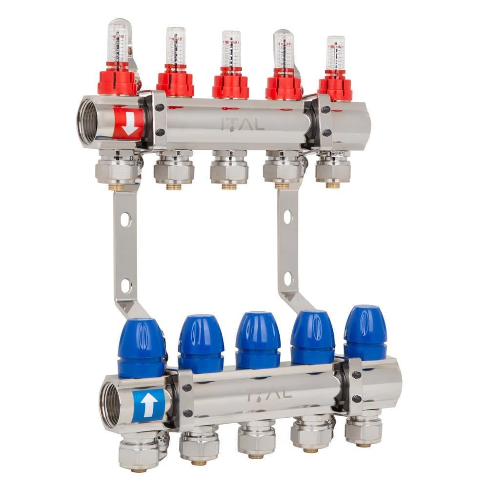 Комплект коллектора с расходомерами ITAL IT05-H2001 из латуни 1"-3/4" евроконус на 5 выходов (1055673)