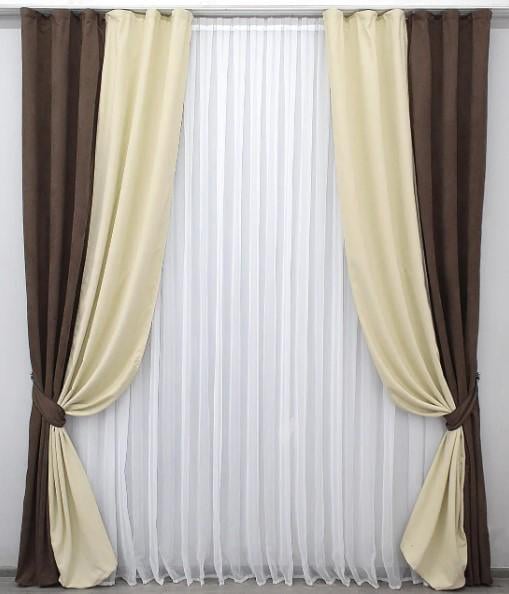 Шторы комбинирвоанные микровелюр 1,5х2,8 м 2 шт. Коричневый/Кремовый (014дк/844-1095ш)