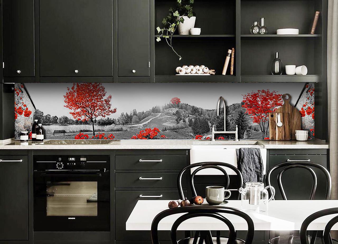 Кухонный фартук Красное дерево/Долина из самоклеющейся виниловой пленки 60х250 см Серый