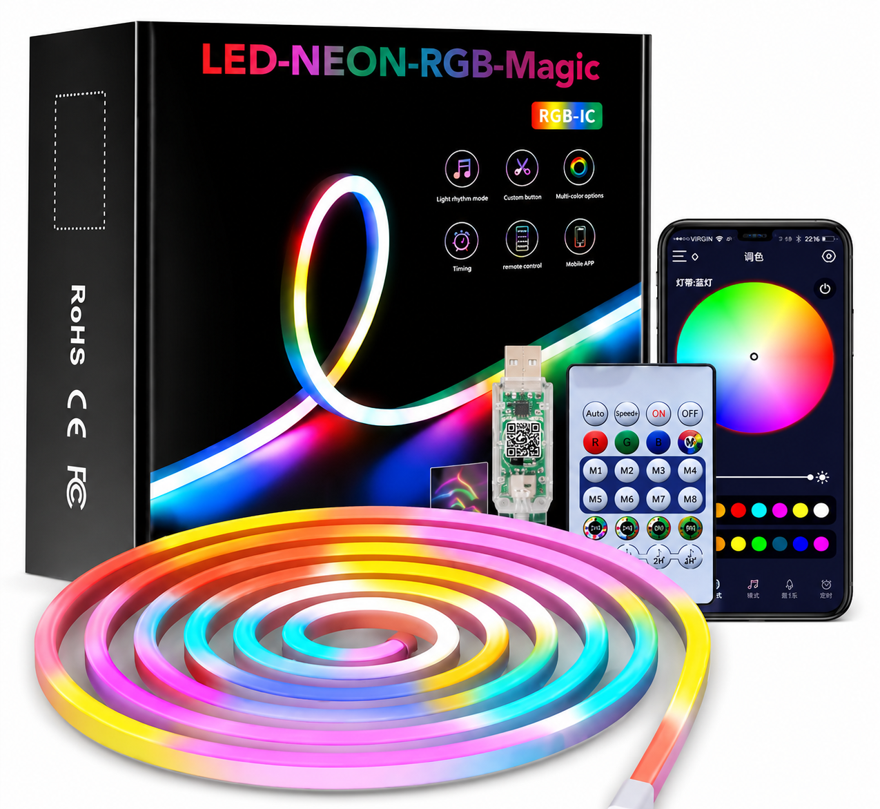 Светодиодная лента неоновая RGB лента 10 м умная Bluetooth синхронизацией с музыкой управлением с телефона и пульта USB (3179052540)