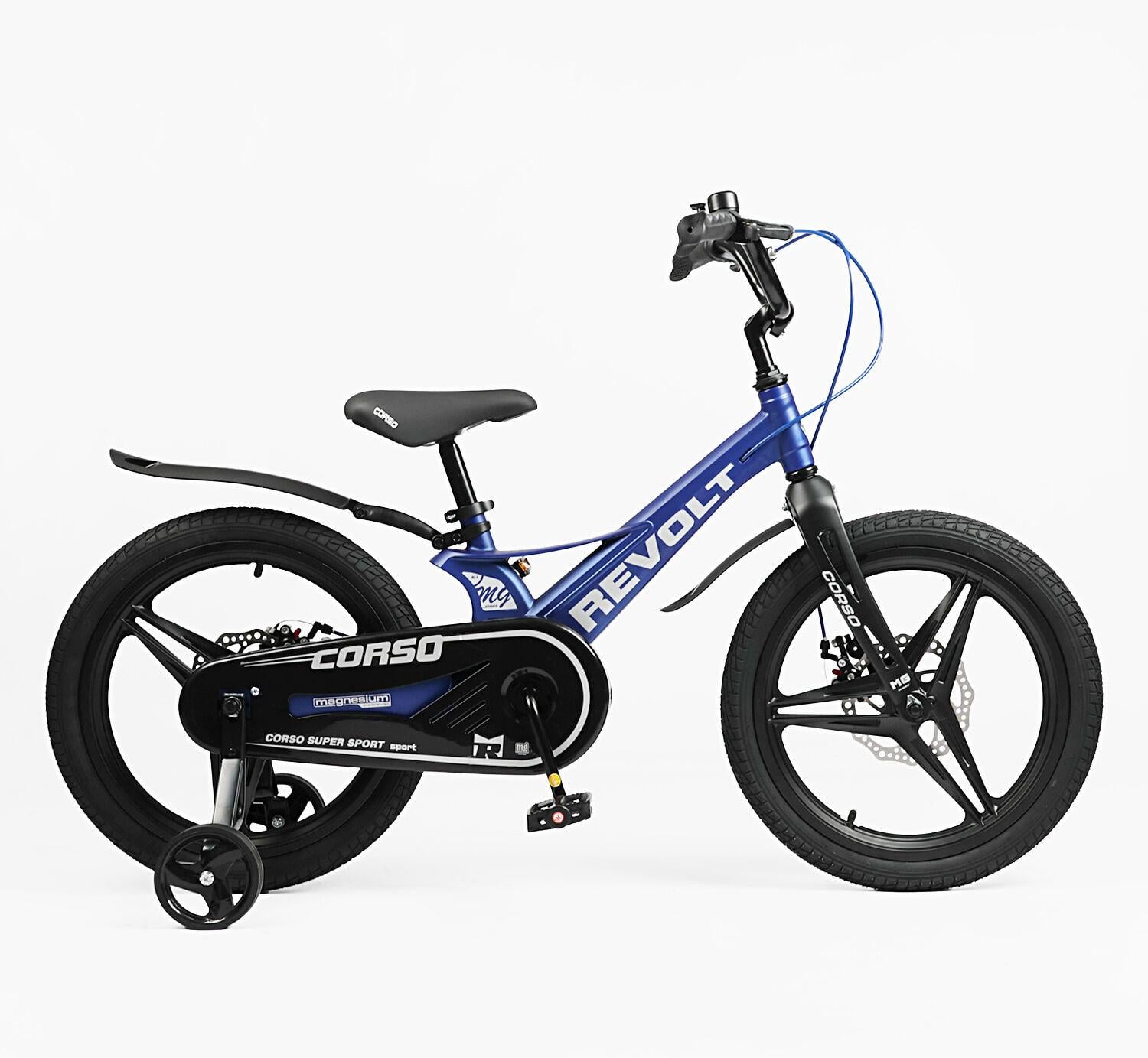 Детский велосипед Corso Revolt двухколесный 18" с дополнительными колесами Синий (RV-18103)
