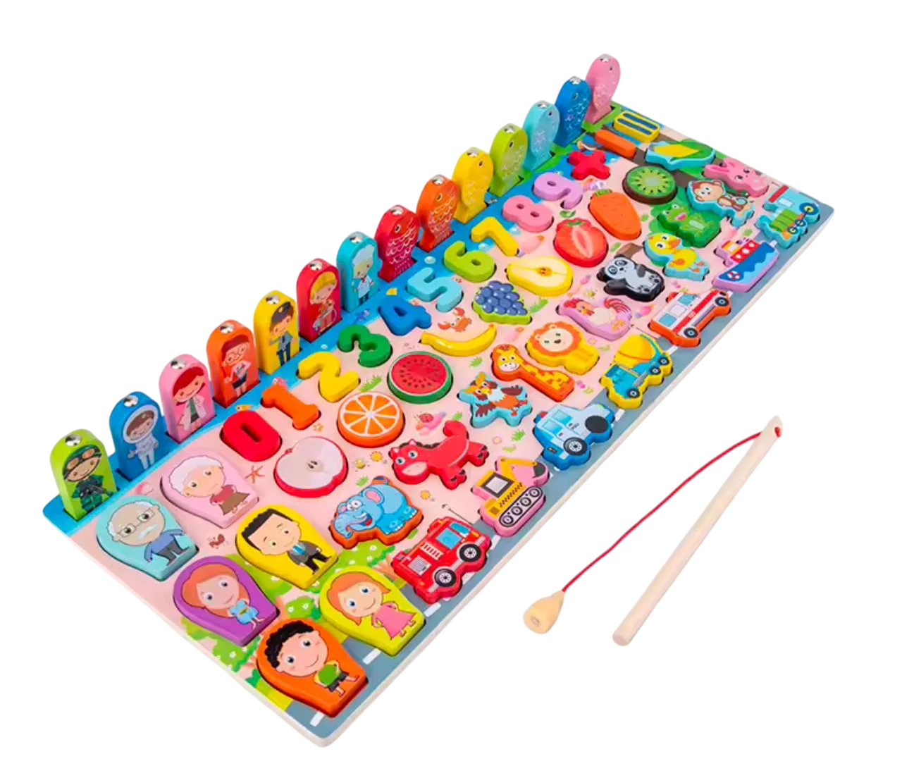 Сортер-пазл магнітний для дітей 3в1 з цифрами/фруктами/тваринами та вудочкою дерев'яний 45х18 см