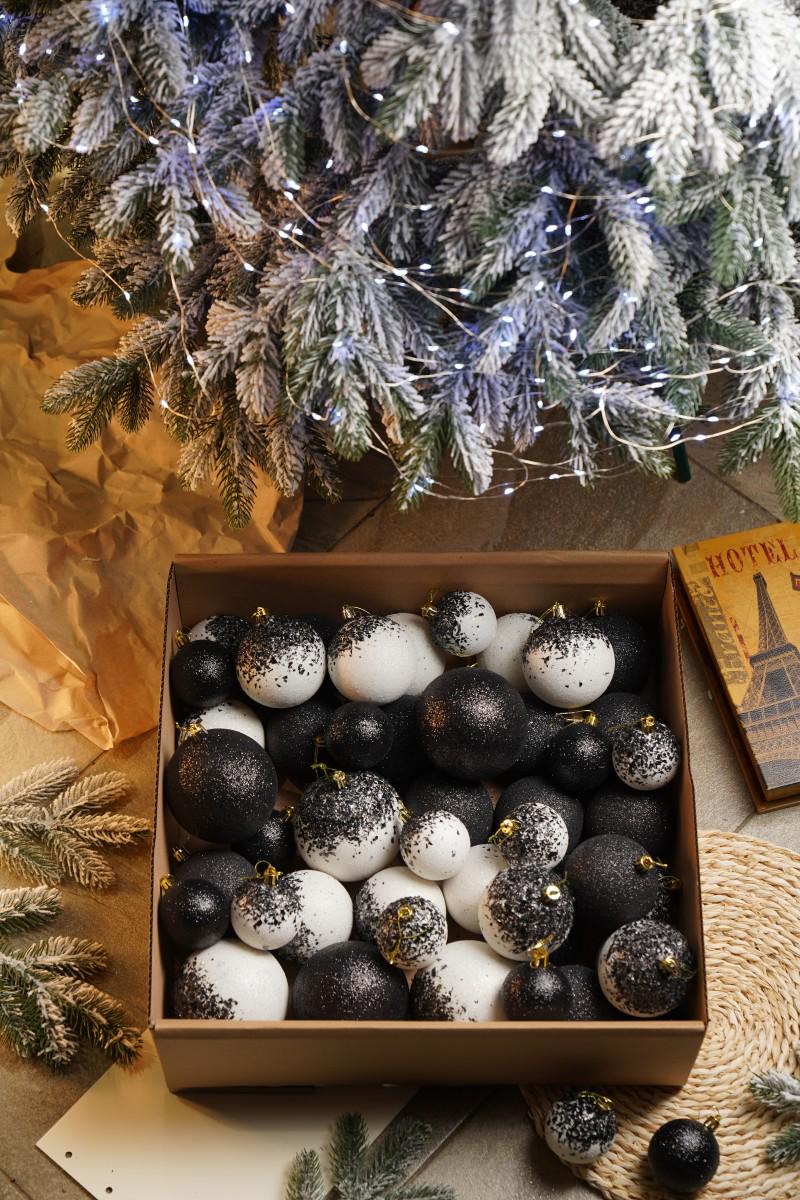 Ялинковий набір куль з блискітками Бите Скло Чорний/Білий (VYA678123) - фото 2 Ялинковий набір куль з блискітками Бите Скло Чорний/Білий (VYA678123) - фото 2