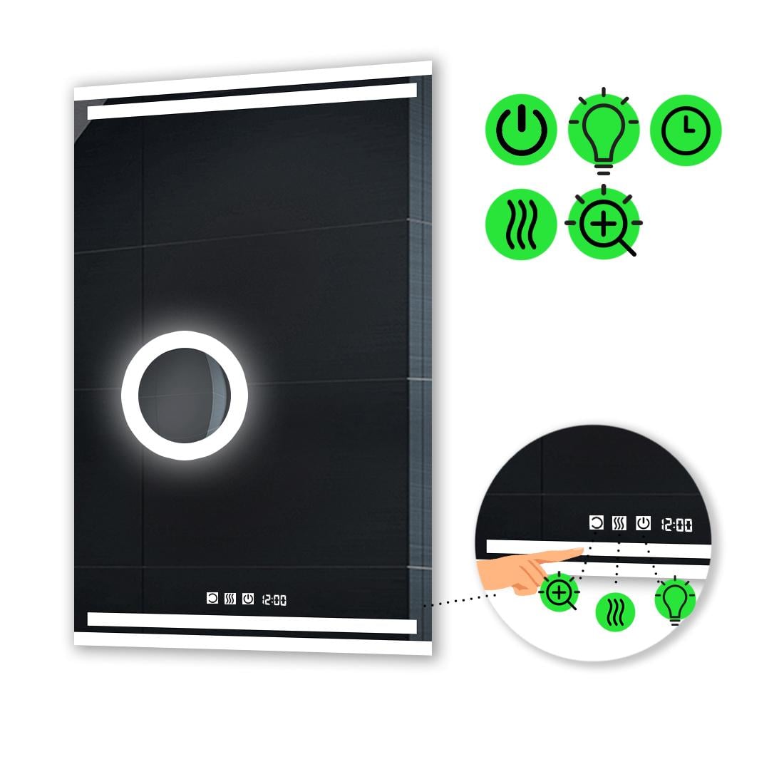 Зеркало с LED подсветкой Mirta с тремя сенсорами/подогревом и линзой с подсветкой 90x80 см (Mirta116)