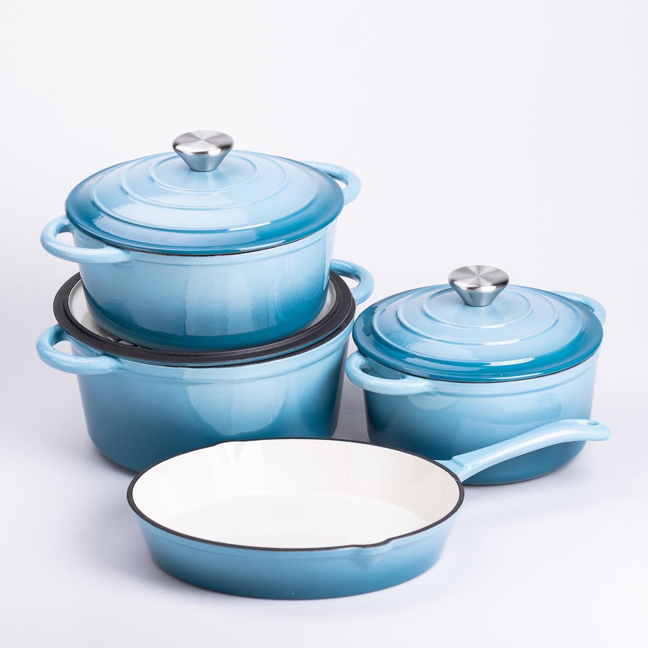 Набор чугунной посуды для приготовления с эмалированным покрытием сковорода/3 кастрюли Голубой (6821) - фото 2 Набор чугунной посуды для приготовления с эмалированным покрытием сковорода/3 кастрюли Голубой (6821) - фото 2