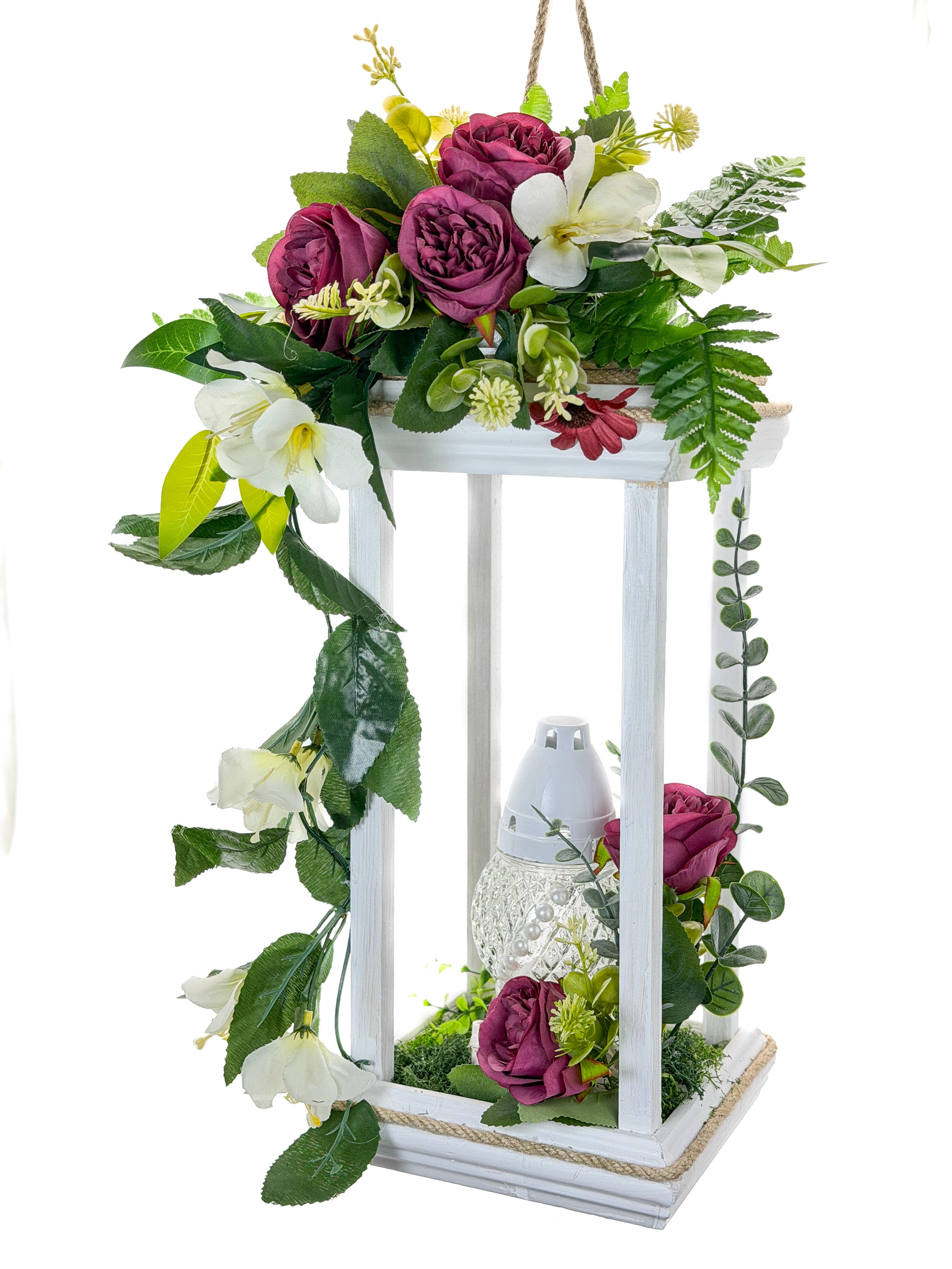 Лампіон ритуальний GALA DECOR дерев'яний з лампадою та трояндами 20х50 см