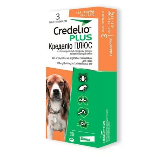 Таблетки Credelio Plus (Кределіо Плюс) від бліх та кліщів та гельмінтів для собак 5.5-11 кг 3 шт.