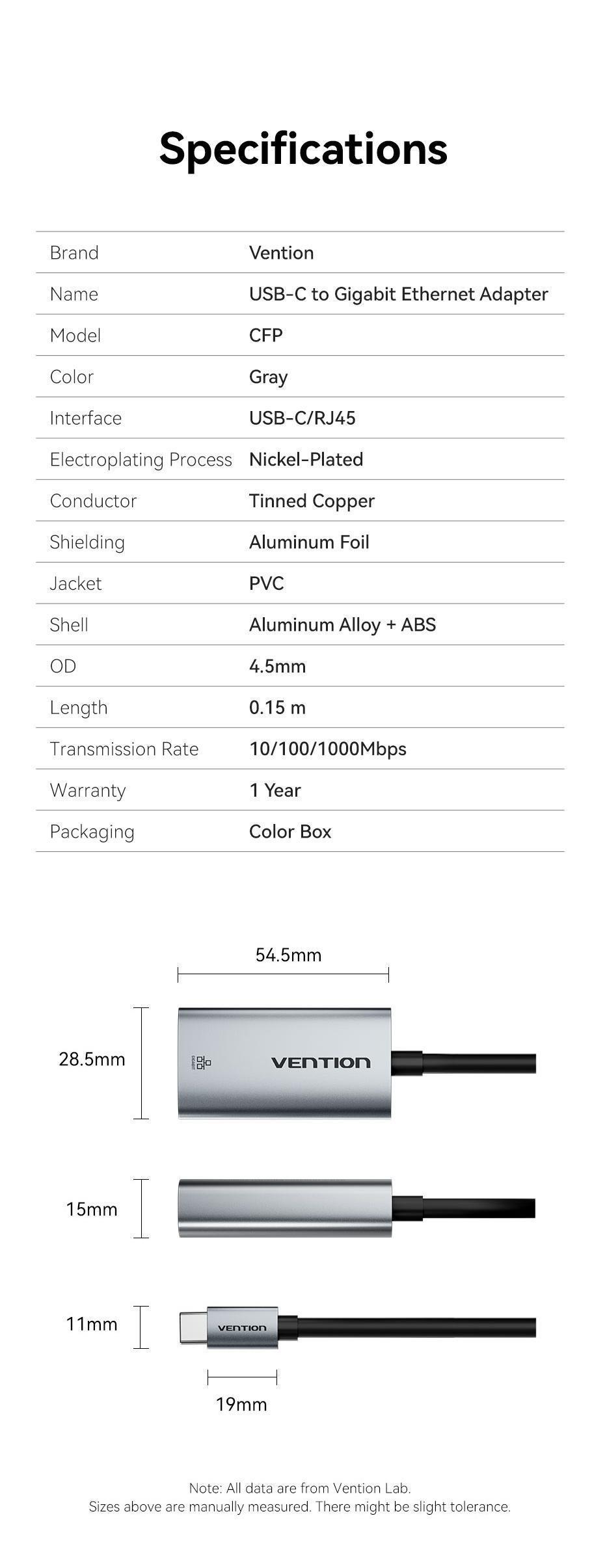 Адаптер Vention USB-C на Gigabit Ethernet 1000 Мбит/с алюминиевый 0.15 м Серый (CFPHB) - фото 10