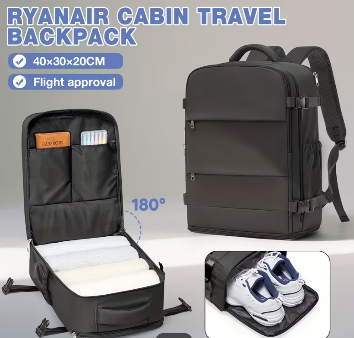 Рюкзак для ручної поклажі 40х30х20 см Чорний (32080806)