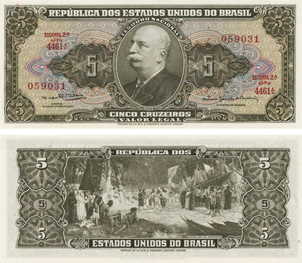 Коллекционная банкнота Бразилия 5 крузейро 1964 UNC P176d (Б03817) Коллекционная банкнота Бразилия 5 крузейро 1964 UNC P176d (Б03817)