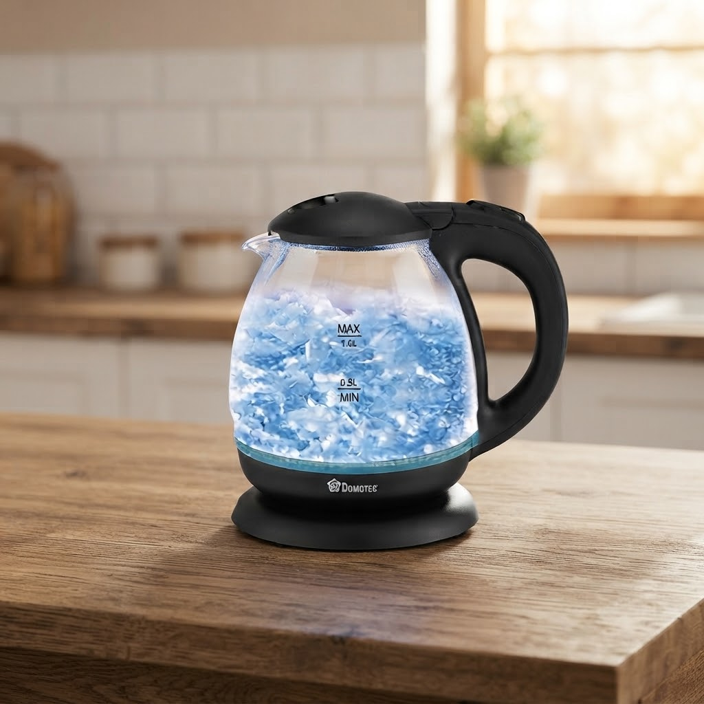 Чайник электрический стеклянный с подсветкой LED компактный со шкалой уровня воды Domotec MS 7910 1 л 1650 Вт Черный/Прозрачный (53100)