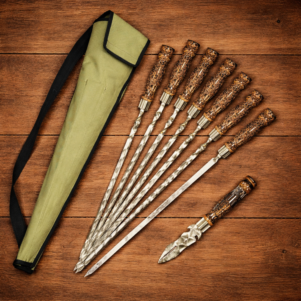 Набор шампуров Лира 611 мраморная ручка в зеленом чехле