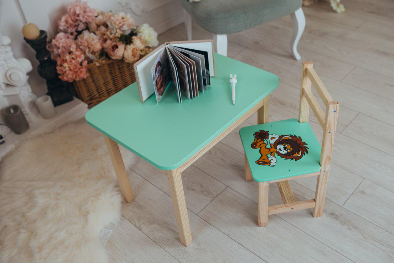 Столик детский прямоугольный с ящиком и стульчиком 46х60х45 см Бирюзовый (5411-4014)