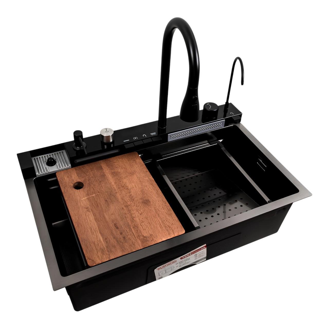 Мойка для кухни Platinum 75×45M PVD Водопад с краном для питьевой воды и влагостойкой разделочной доской для продуктов Черный (є261) Мойка для кухни Platinum 75×45M PVD Водопад с краном для питьевой воды и влагостойкой разделочной доской для продуктов Черный (є261)