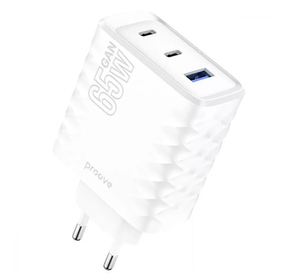 Зарядное устройство сетевое Proove Speed Surge Gan 65W Type-C/Type-C/USB White (WCSS60120002)