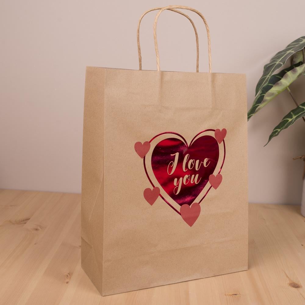 Подарочный пакет крафт с красным сердцем I love you микс 31х25х11 см (1112-4) Подарочный пакет крафт с красным сердцем I love you микс 31х25х11 см (1112-4)