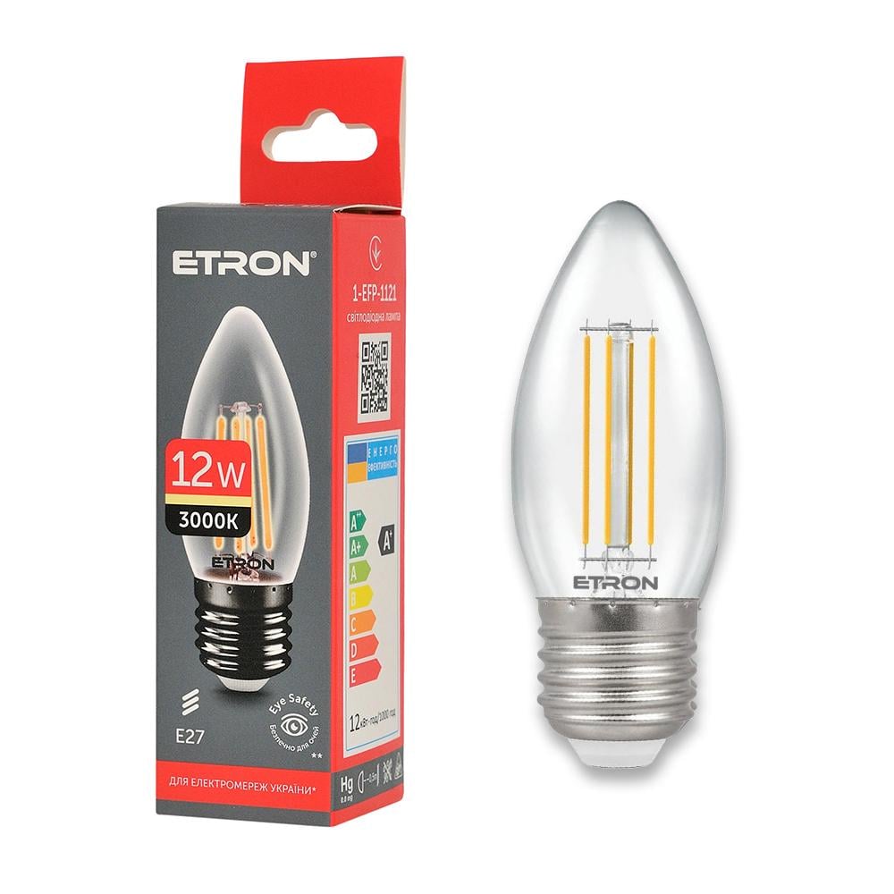 Декоративная лампа филаментная ETRON Filament 1-EFP-1121 С37 12W 3000K Е27 (23866) - фото 1