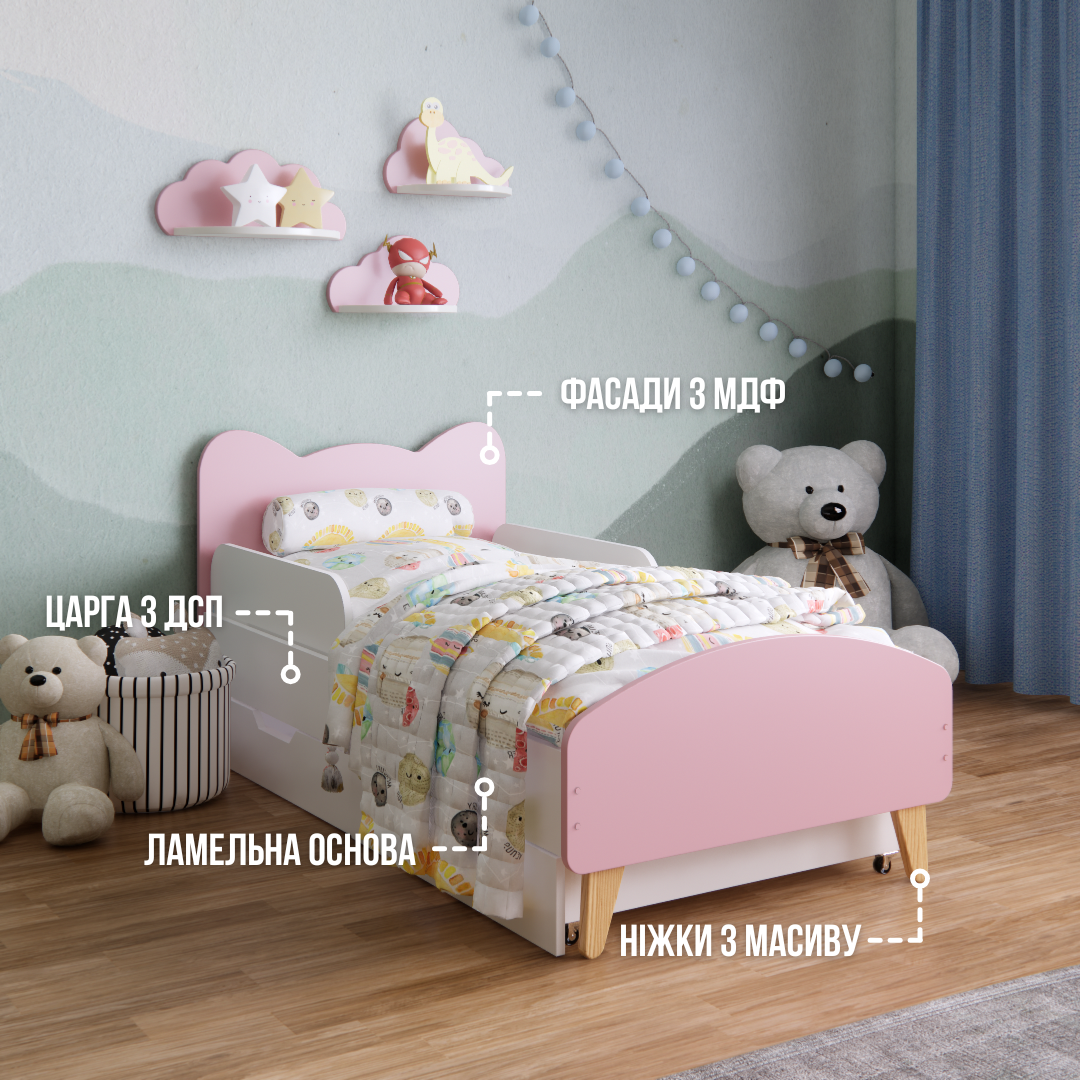 Детская кроватка Котик с ящиками и бортиками для детей 3-7 лет для девочек 140х70 см Розовый - фото 2