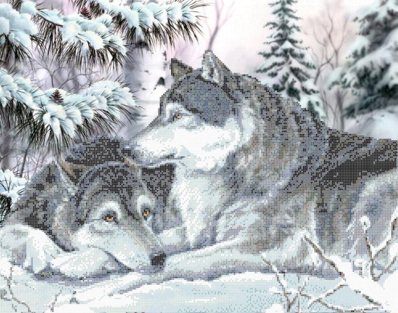 Вышивка бисером на шелке Волки зима ЗПТ-005 42х54 см